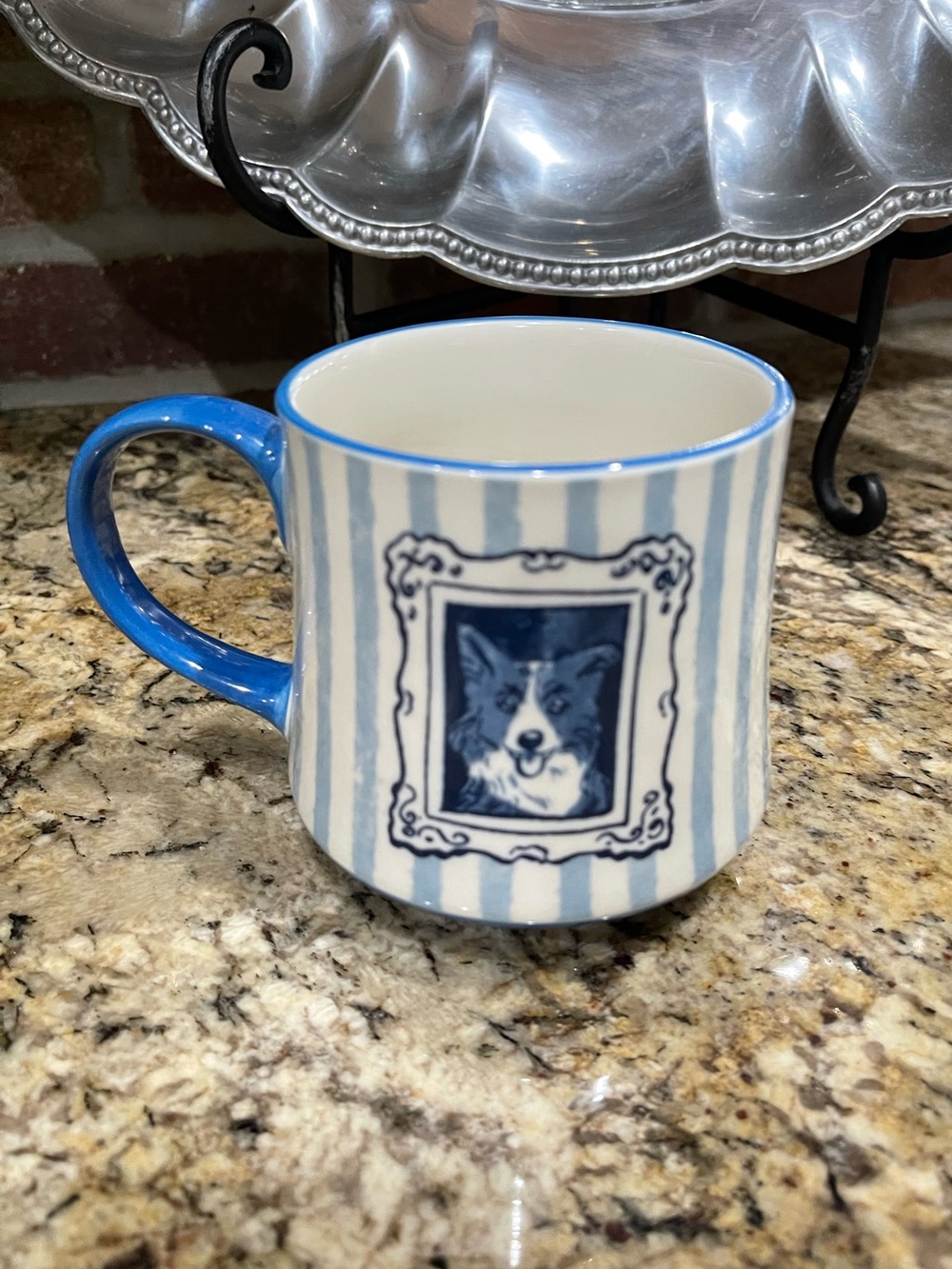 Potter’s Studio blue and white striped cameo collie mug- Brand new